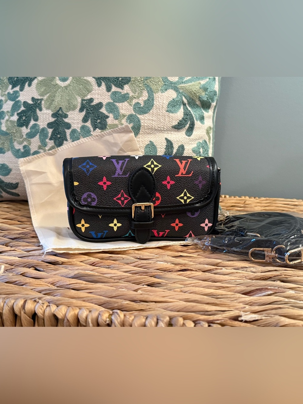 L V Black Multicolor Monogram Crossbody Bag with Gold Buckle
